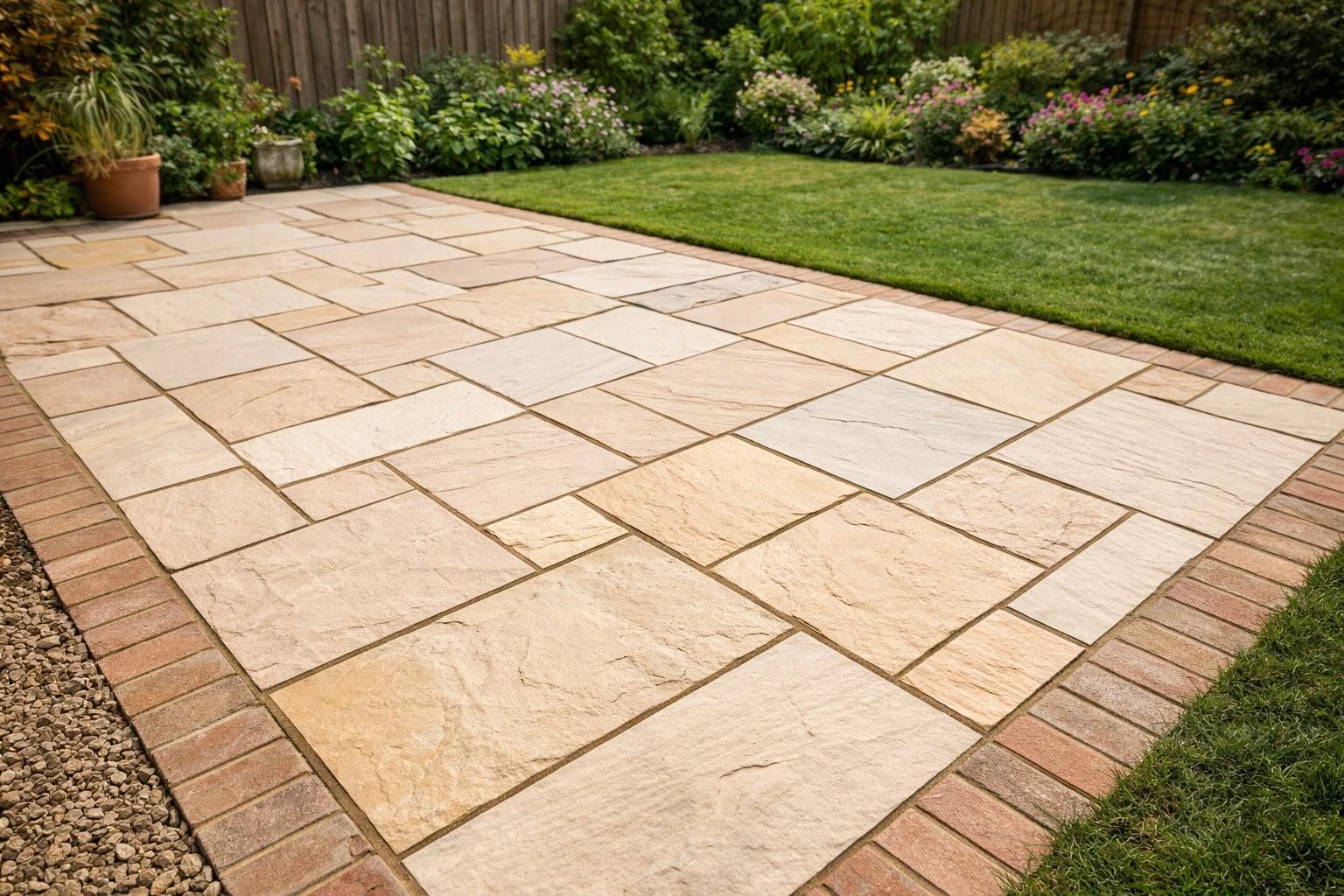 Newly laid sandstone patio with brick edging beside a lawn and planted borders